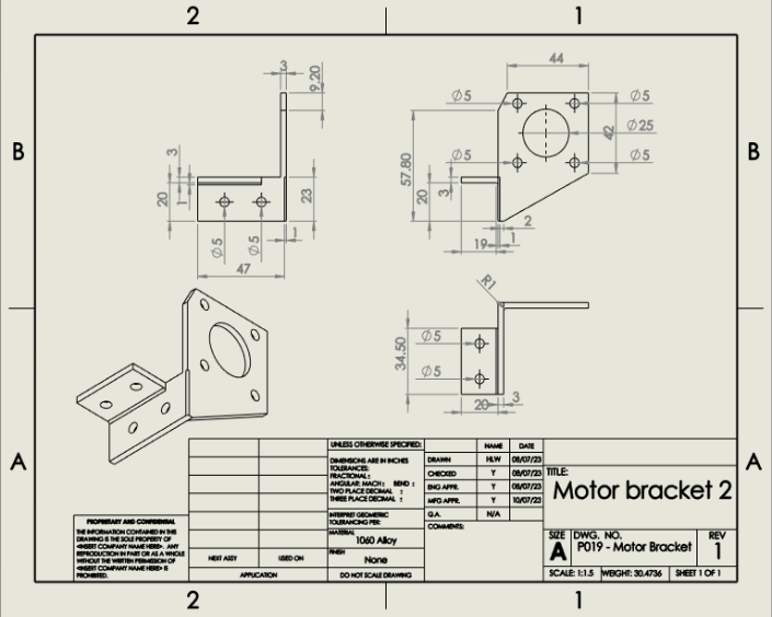 Engineering drawing of a bracket for a motor